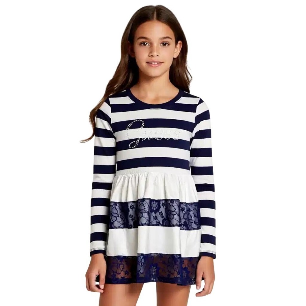 Guess Girls Navy White Striped Rhinestone Logo Lace Dress XL(16) NWT